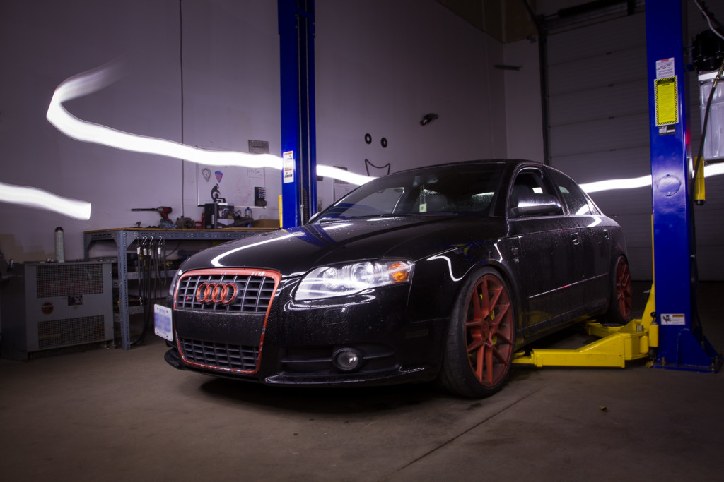 Before picture of a high performance Audi in an Orangeville shop, taken by Frank Myrland Photography