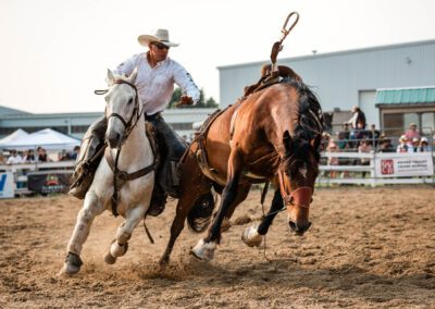 Action and sports photography of bucking broncos at the 2025 Headwaters Ram Rodeo at Orangeville Fairgrounds by Frank Myrland Photography